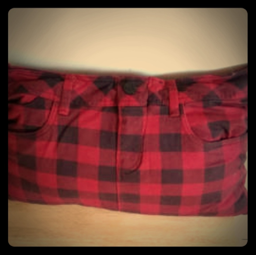 Upcycled red and black plaid pillow